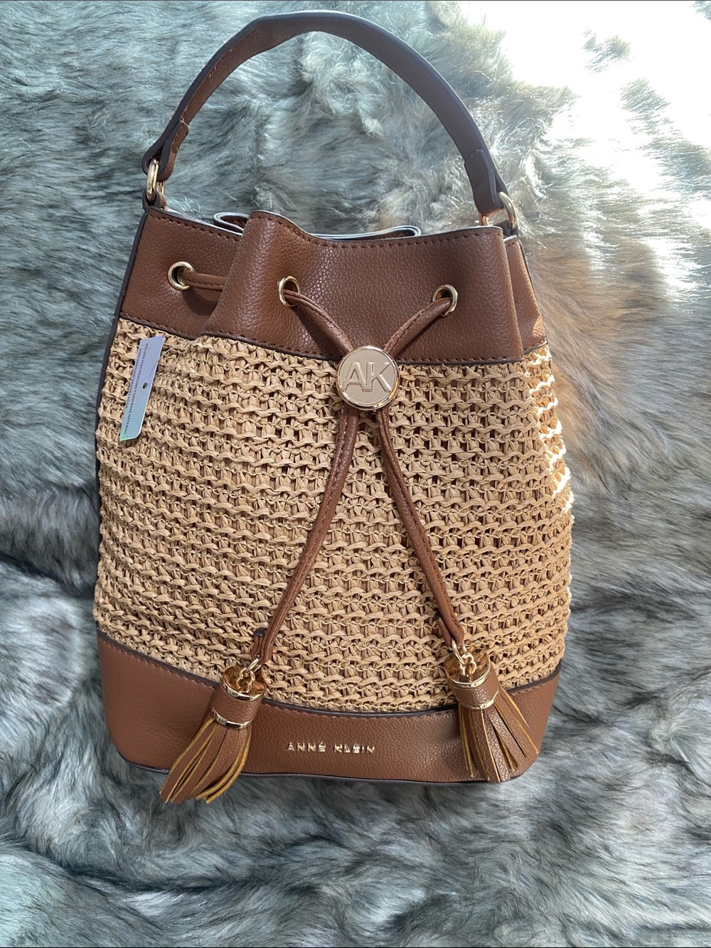 Anne Klein Brown and Tan Woven Bucket Bag